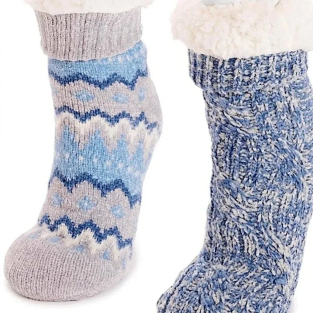 MUK LUKS Women's XL 2 Pack Lined Socks Faux Fur SIZE 8-10 Blue NEW